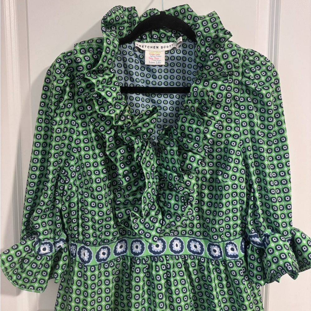 Gretchen Scott Designs Posh Foulard Midi/Maxi blue and green ruffle neck dress - Picture 6 of 6